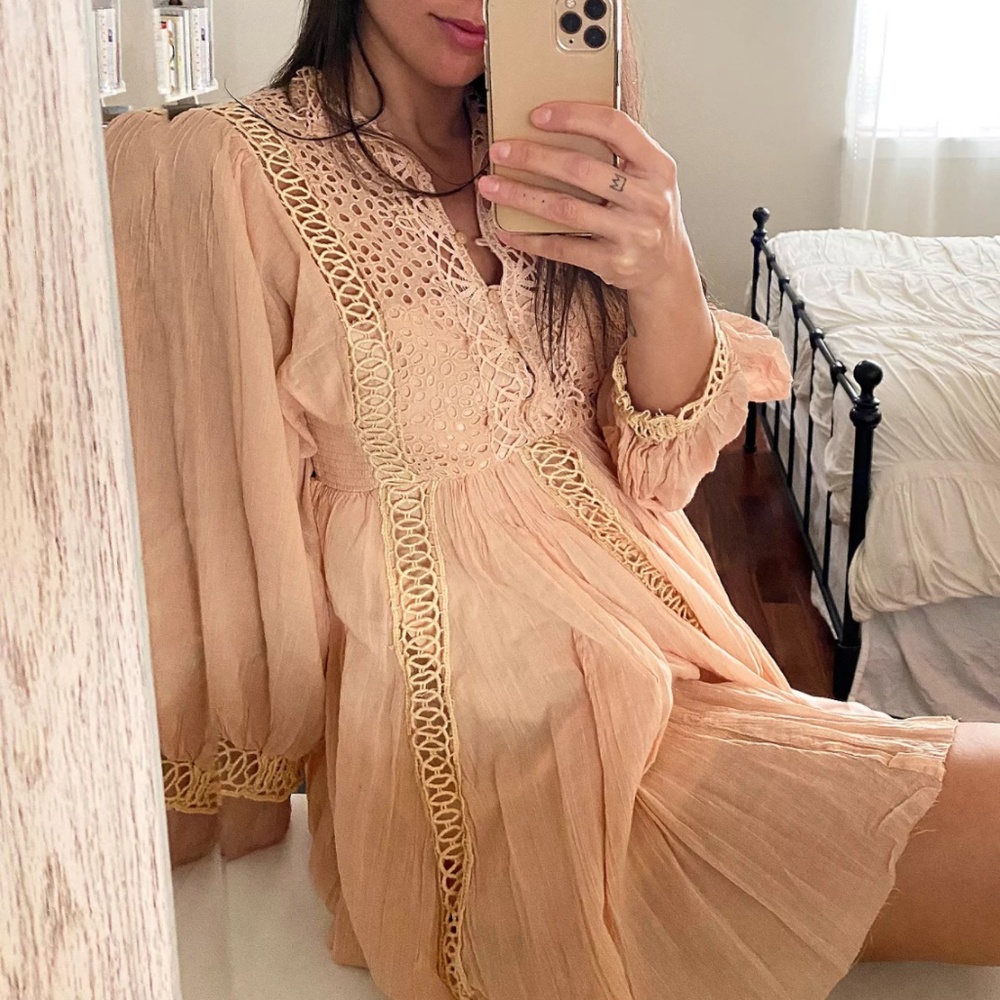 Karma Lace Flowy Button Down Puff Sleeve Boho Peasant Hipster Hippie Chic Dress